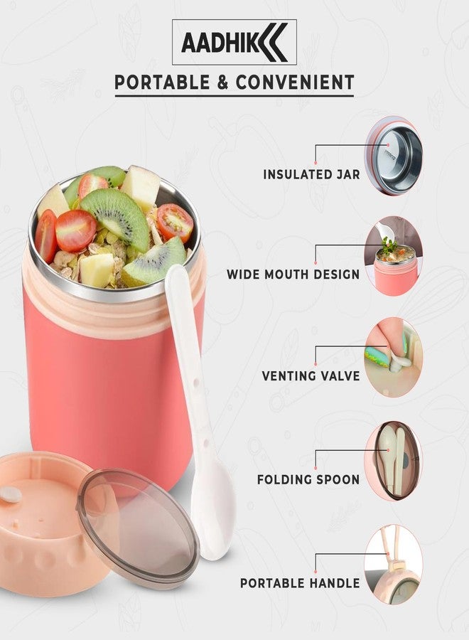 AADHIK Insulated Soup Cup Stainless Steel Water Cup with Spoon Lunch Container Leakproof Food Flask for Hot Food Soup for Kid Adult Office Outdoor Picnic Travel (Pink) - Image 3